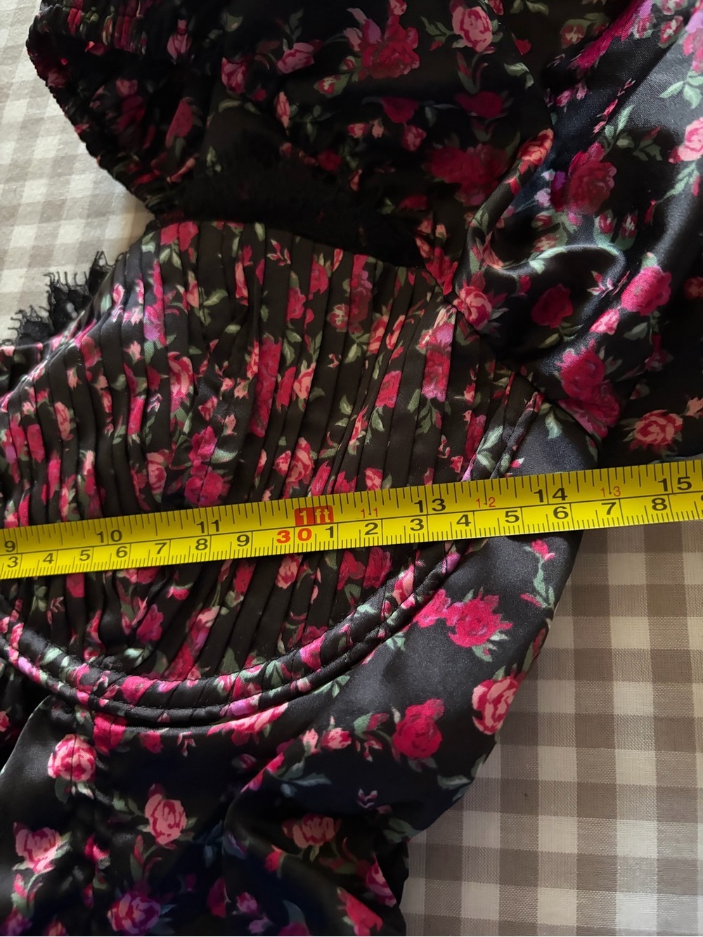 For Love & Lemons Melrose Satin Black and Pink Ruche Mini Puff sleeve dress - Picture 15 of 16